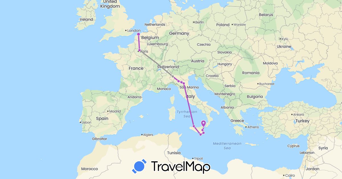 TravelMap itinerary: driving, plane, train in France, Italy (Europe)